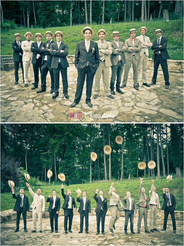 A groom and his groomsmen in vintage hats