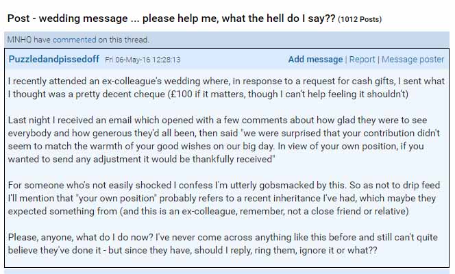 A woman shares her disbeleif following recieveing an email from a former colleague demanding more money for her wedding gift