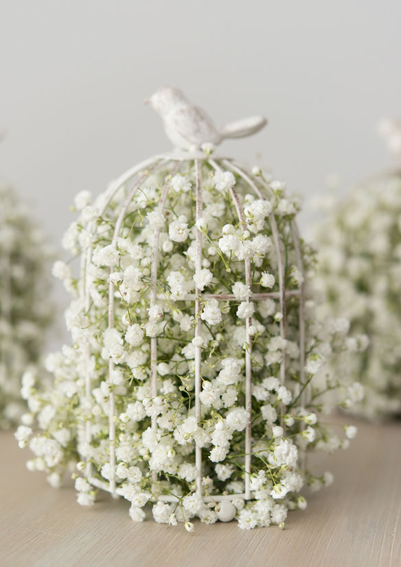 Babys breath in bird cage table centrepiece