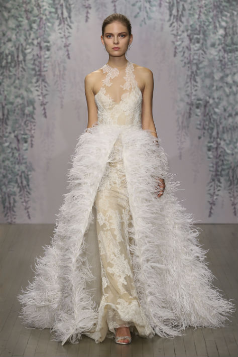 Monique Lhullier detacheble wedding dress with feather skirt 