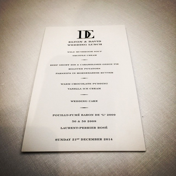 Elton John's wedding menu
