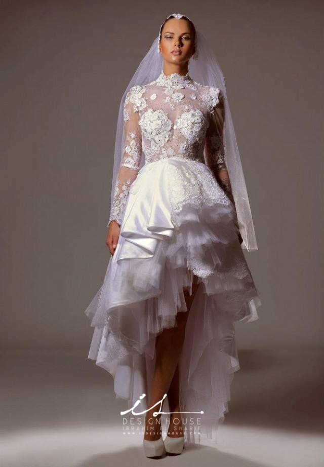 Lebanese designer Ibrahim El Sharif's 2013 collection proves that lace and tulle can work just as well on a short wedding dress as it can on a long one. If you can't choose between a long gown or a short one, well, this one provides a happy medium.