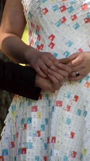 Will Wapling and Stephanie Watson on their wedding day. Stephanie, a Victorian fashion designer, created her wedding dress from 10,000 bread tags