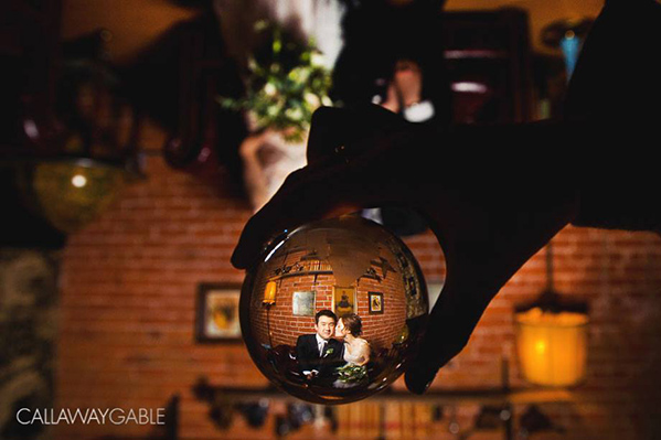 couple through a snow globe 