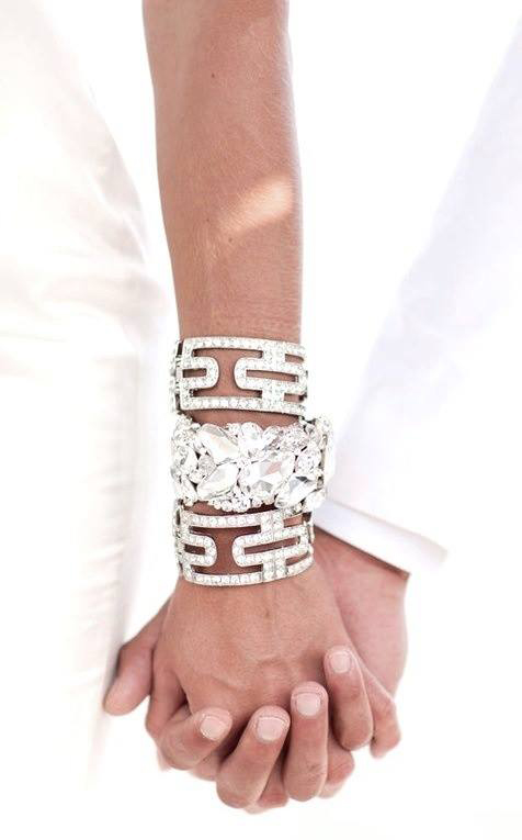 bride wearing crystal bracelets 