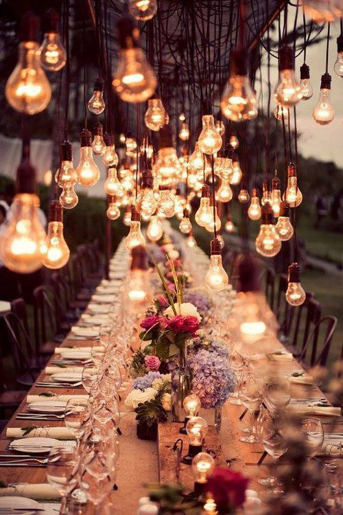 light bulbs at wedding table as decoration