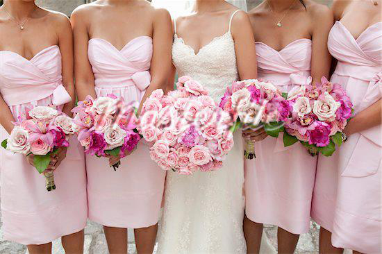 pink bridesmaids and pink bouquets