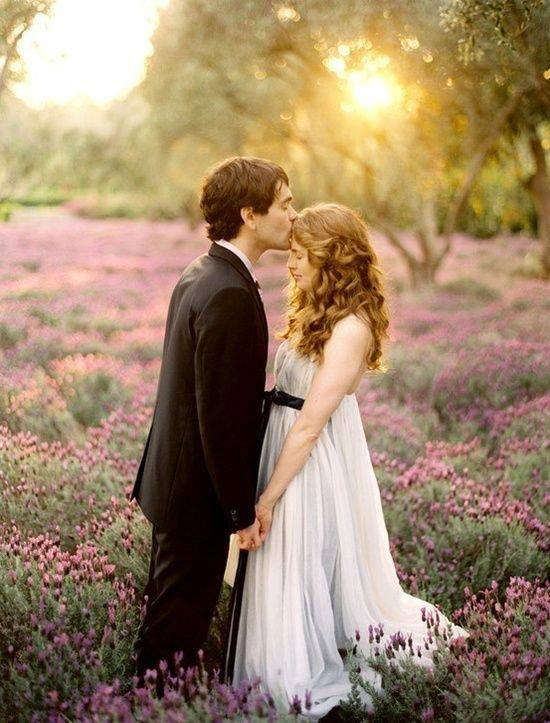 newlyweds at sunset in a lavander field