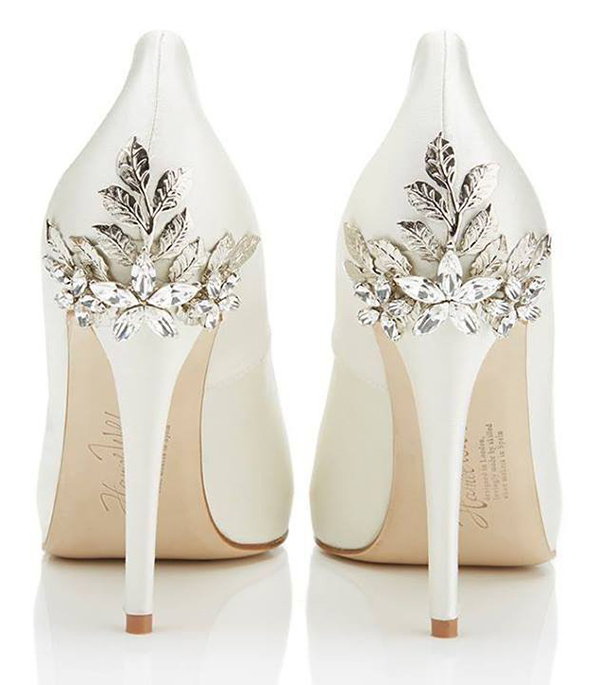 white wedding shoes with silver details